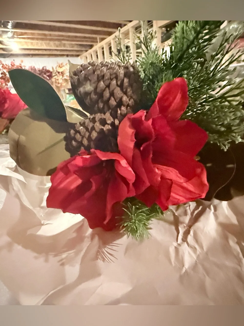 New Pottery Barn Faux Amaryllis & Pine Holiday Bundle, Red/Green